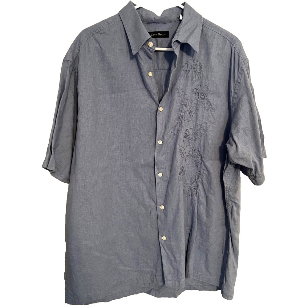 Club Room Shirt‎ Mens L Blue Linen Cotton Embroidered Floral Button Up Summer
